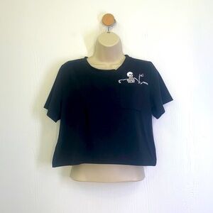 Romwe- Skeleton Pocket Black Tee Crop Shirt Size Small